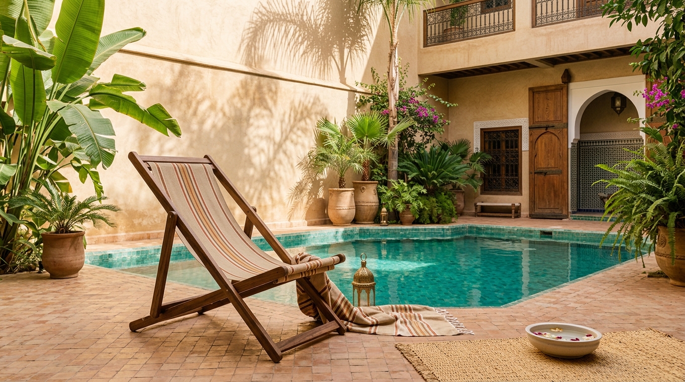 Chilienne artisanale en bois noble avec toile rayée terracotta Kansotex au bord du bassin d'un riad à Marrakech