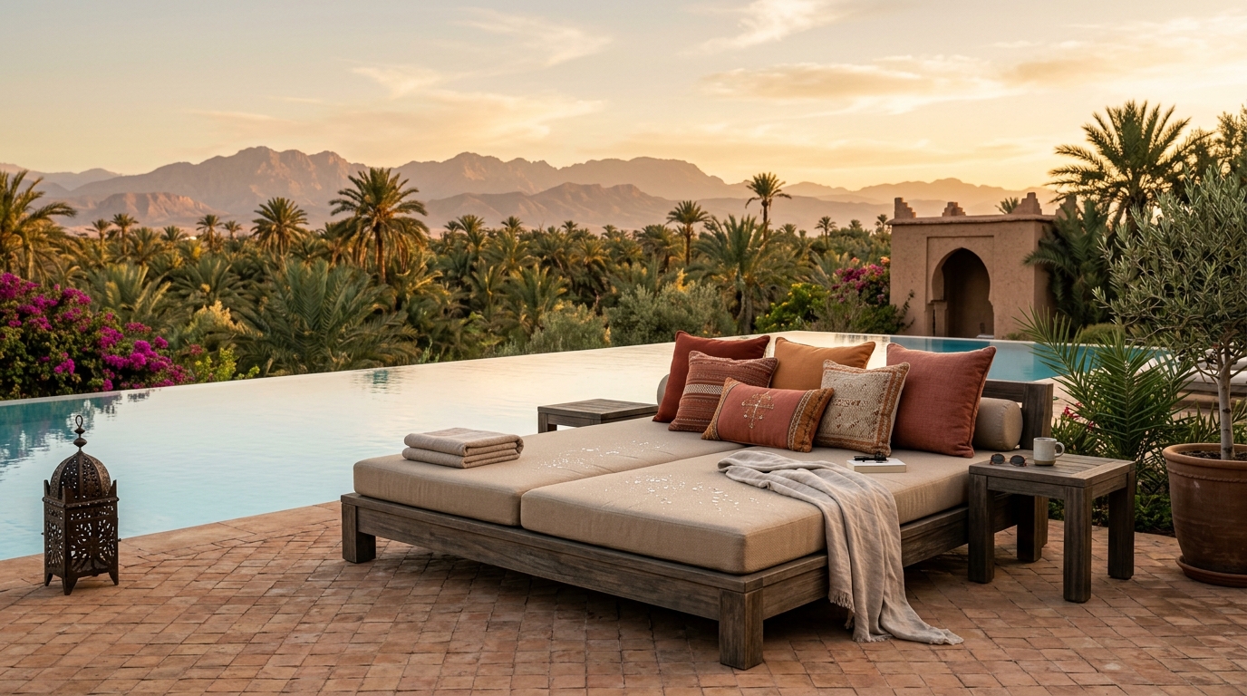 Daybed double outdoor avec matelas déperlant et mousse réticulée Dryfeel face à la piscine et l'Atlas à Marrakech